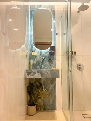 a bathroom with a shower with a mirror and a plant at Vista Mare apartments in Palaiochóra
