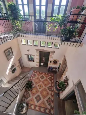 an overhead view of a living room with a fireplace at KerAsh Villa Drapanias in Kissamos