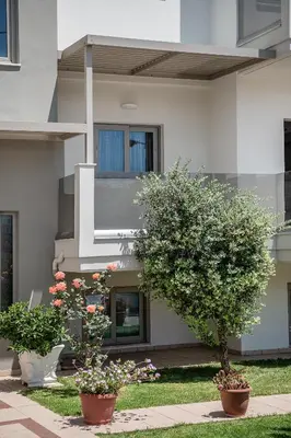 a building with three potted plants in front of it at Nektar Beach Hotel in Stalos