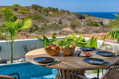 a table with a bowl of fruit on top of a table at PhySea Villa in Kalathas