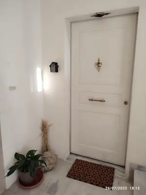 a white door with a potted plant next to it at Lovely small apartment in Chania Town