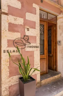 a plant in a pot in front of a house at Full House in Chania Town