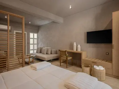 a living room with a bed and a television at Hestia Boutique Rooms in Agia Marina Nea Kydonias