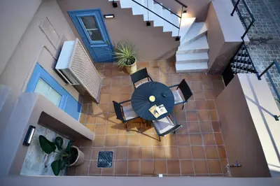 an overhead view of a living room with a table and chairs at Casa Kâllisti Grande in Chania Town