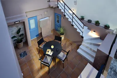 an overhead view of a dining room with a table and chairs at Casa Kâllisti Grande in Chania Town