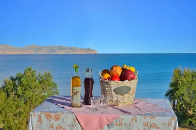 a table with a basket of fruit and a bottle of wine at Girogiali Apt 3 in Kamára