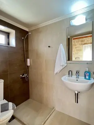 a bathroom with a sink and a shower at Villa Olivia with Pool Vrises Crete in Alikampos