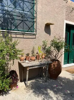 a table with potted plants on it next to a building at Perfect home away from home in Palio Gerani
