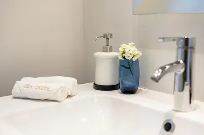 a bathroom sink with a soap dispenser and flowers at Villa Shell in Tersanas