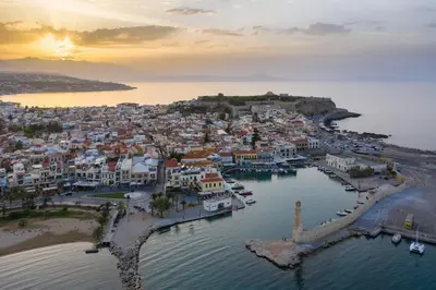 an aerial view of a city with a harbor at Villa Nafsika in Vamos