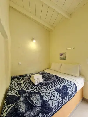 a bedroom with a bed with a blue and white blanket at Stefanos Garden3 in Arménoi