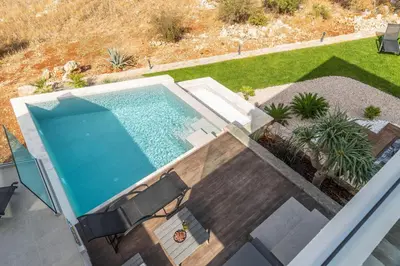 an overhead view of a swimming pool and a yard at Venetian Villa by PosarelliVillas in Vamos