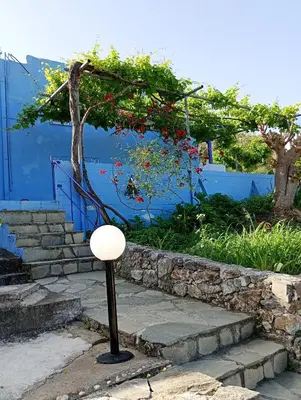 a pole with red flowers hanging from a tree at Stefanos Garden in Arménoi