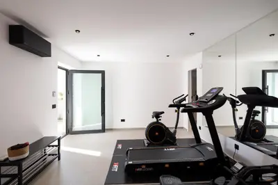 a gym with a treadmill and two exercise bikes at Villa Zenora in Litsárdha