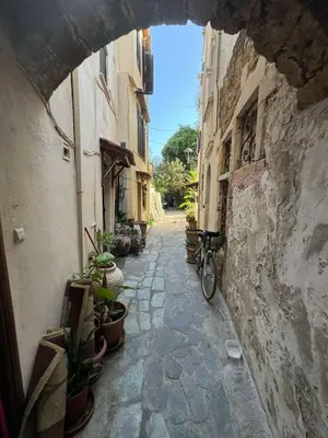 an alley with potted plants and a bike in a building at Casa Argirenia - Venetian Mansion in Old Harbour in Chania Town