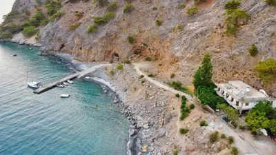 an aerial view of a house on the side of a mountain at Sweet Corner Masxali in Agia Roumeli
