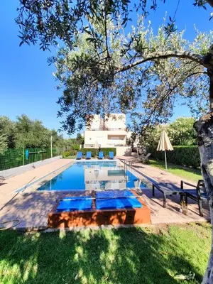 a swimming pool in the yard of a house at Bellavista Gardens Skoutelonas in Skoutelónas