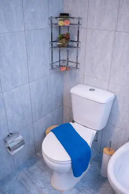 a bathroom with a toilet with a blue towel on it at Haris home in Daratso