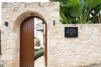 an entrance to a building with a wooden door at Artemis Apollonas Villa I Luxury Escape with Pool in Káïna