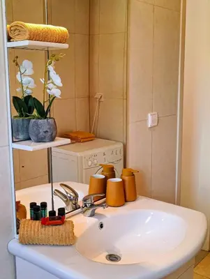 a bathroom with a sink and a mirror at Bellavista Panorama Darmarochori in Darmarochori
