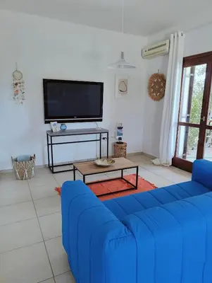 a living room with a blue couch and a tv at Bellavista Panorama Darmarochori in Darmarochori