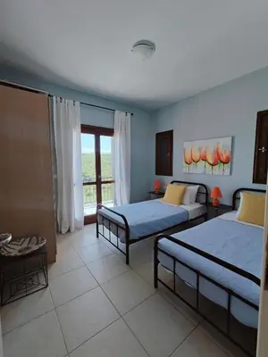 a bedroom with two beds and a window at Bellavista Panorama Darmarochori in Darmarochori