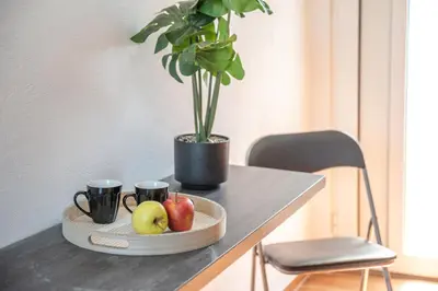 a table with a plate of fruit and two cups and a plant at Margie's Apartments in Kissamos