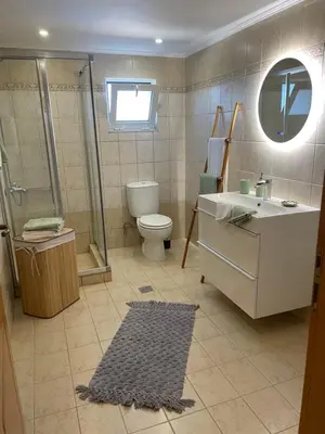a bathroom with a shower and a toilet and a sink at Dans une villa avec piscine privée, calme, proche des plages, vues mer et montagnes in Tsivarás
