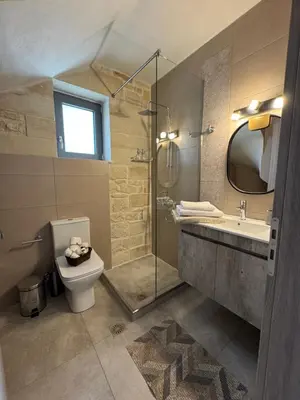 a bathroom with a shower and a toilet and a sink at Villa Maria in Stalos