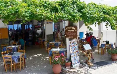 a restaurant with tables and chairs under a tree at Tarra in Agia Roumeli
