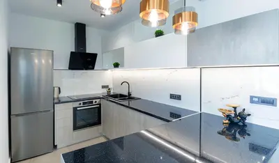 a kitchen with a stainless steel refrigerator and a sink at Seascape Luxury Apartment 2 in Kounoupidhianá