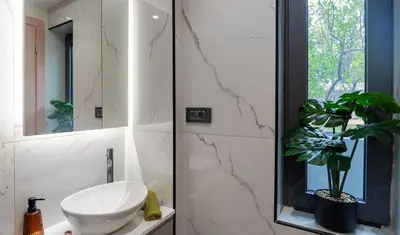 a bathroom with a sink and a mirror and a plant at Seascape Luxury Apartment 2 in Kounoupidhianá