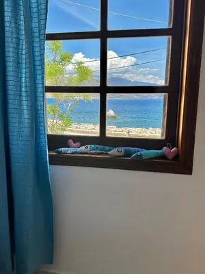 a window with a view of the beach at BONATSA Rooms 2 in Palaiochóra