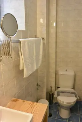 a bathroom with a toilet and a sink and a mirror at Casa Di Porto Vecchio in Chania Town