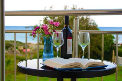 a table with a book and a bottle of wine and glasses at Sea Sight Vibes in Frangokastello