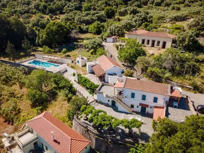 an aerial view of a house with a swimming pool at Halases Panorama Villa pvt pool in Alikampos