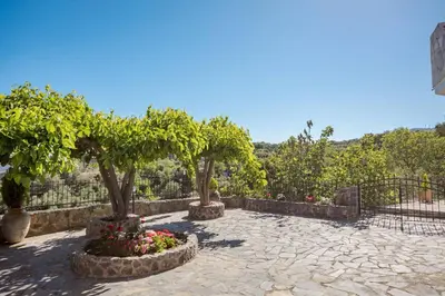 a garden with trees and flowers on a patio at Halases Panorama Villa pvt pool in Alikampos