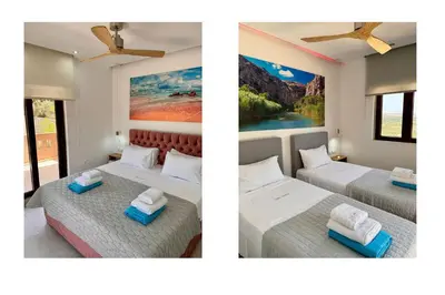 two pictures of a bedroom with two beds at Villa Halepi by PosarelliVillas in Gavalochori
