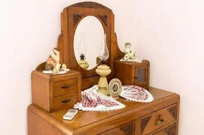 a dresser with a mirror on top of it at Chania Vintage Escape - sea view Gem by old port in Chania Town