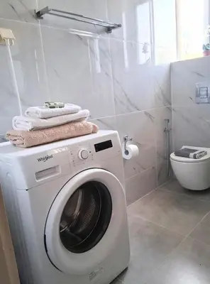 a washing machine in a bathroom with a toilet at Beachfront apartment in Daratso