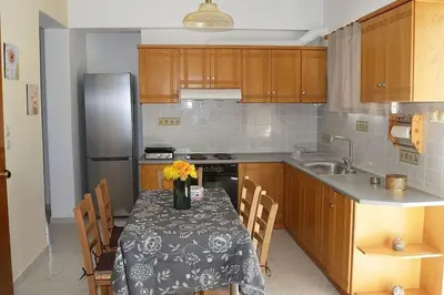 a kitchen with a table with a vase of flowers on it at Beachfront apartment in Daratso