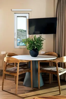 a table with a potted plant on top of it at Raviewha Luxury Apartments 2 in Ravdhoúkha