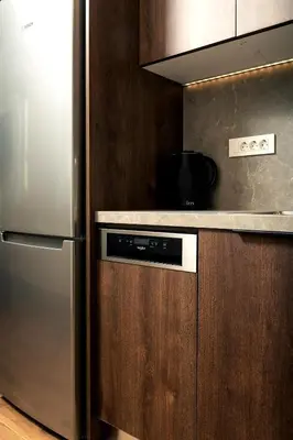 a kitchen with a stainless steel refrigerator and wooden cabinets at Raviewha Luxury Apartments 2 in Ravdhoúkha