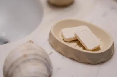 a container of soap sitting next to a seashell at Villa Avelios in Karefilianá