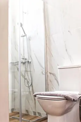 a white bathroom with a shower and a toilet at Luxury apartment Reverie in Sfakiá