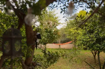 an orange hammock in a garden with trees at Chania Garden Retreat in Souda