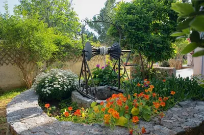 a garden with a camera in the middle of flowers at Chania Garden Retreat in Souda