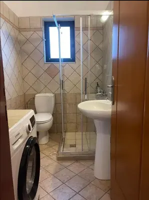 a bathroom with a toilet a sink and a washing machine at Green door in Nerokoúros
