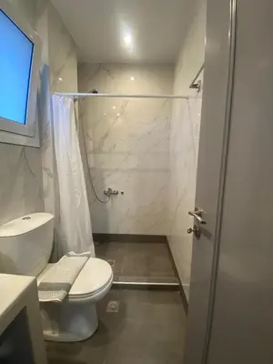 a white bathroom with a toilet and a shower at Tile apartments 1 in Agia Marina Nea Kydonias