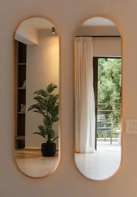 two mirrors in a room with a potted plant at Nea Chora Boutique Apartment in Chania Town